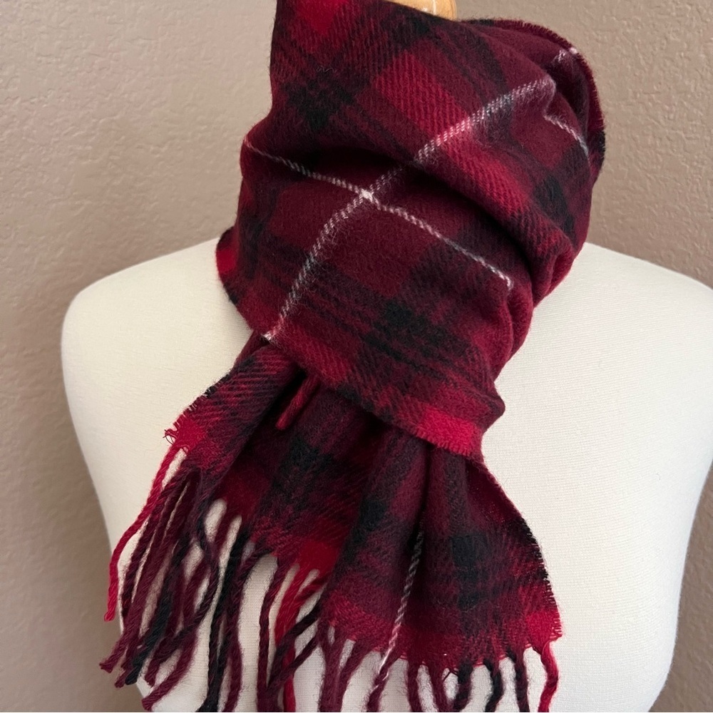Vintage Lambswool Scarf 12”x54” – Made in Scotland – Red Tartan Plaid